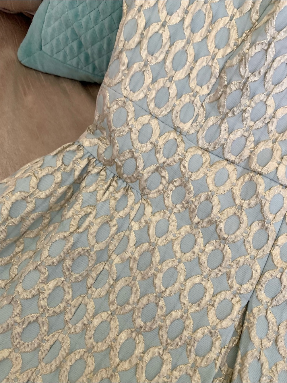 Ralph Lauren Mint Green Metallic Gold Embroidered Fit & Flare Cocktail Dress - Picture 8 of 11